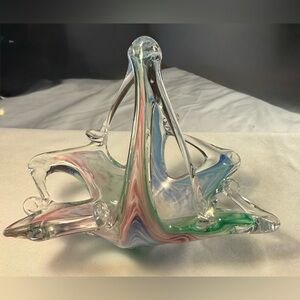 Vintage Murano Glassware Hand Blown Art Glass Basket Colorful Swirl SKU PB197